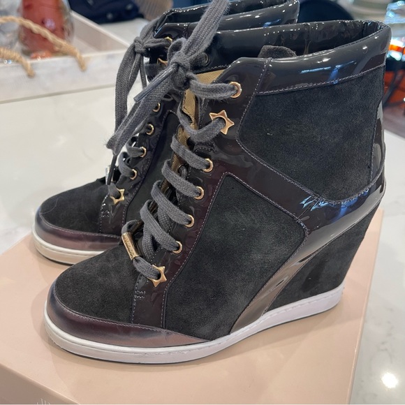🎉HOST PICK🎉Jimmy Choo grey suede & pattern leather wedge Panama sneaker in box - Picture 7 of 16
